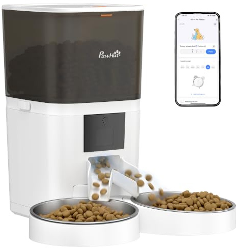 PawHut Comedero Automático 6L WiFi 2.4G Control App para Gatos y Perros | Dispensador de Comida, 2 Cuencos, 1-10 Comidas al Día, Grabadora Voz 10s, 2 Fuentes de Alimentación, Fácil de Limpiar