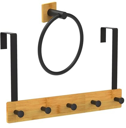 Relaxdays Door Hook Rail & Towel Ring, Metal & Bamboo, No-Drill Towel Holder, Black/Natural, 24x45x8.5 cm