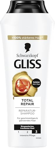 Gliss Shampoo Total Repair (250 ml), Haarshampoo glättet die Haaroberfläche und bietet eine wirksame Reparatur, Pflegeshampoo sorgt für bis zu 85 % weniger Haarbruch