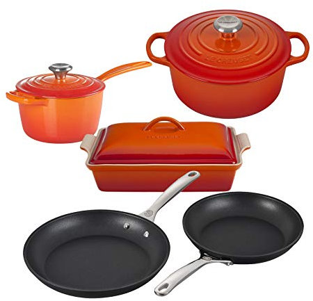Le Creuset Lot de 8 ustensiles de cuisine en fonte émaillée avec boutons SS, grès et poêle anti-adhésive trempé PRO