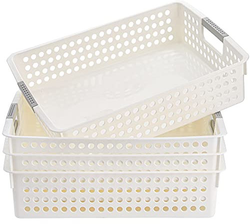 Bekith 4 Pack Plastic Storage Basket, A4 Size Plastic Storage Tray, Desktop File Organizer Baskets, 14 Inches x 10 Inches x 3.4 Inches, White