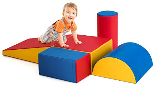 COSTWAY 5 TLG. Schaumstoffbausteine, Riesenbausteine zum Toben und Klettern, Softbausteine aus Schaumstoff, Großbausteine Mehrfarbig, Bauklötze für Babys und Kleinkinder (Rot)