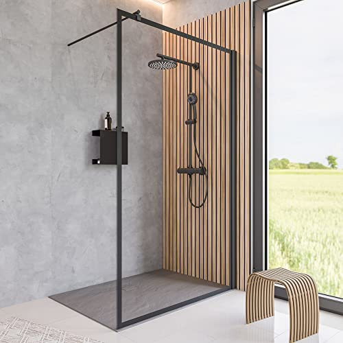 Schulte Duschwand Alexa Style 2.0 Duschwand Walk In, Black Style, 140 x 200 cm, 6 mm Sicherheitsglas mit Dekor „Frame“ fixil beschichtet, schwarz