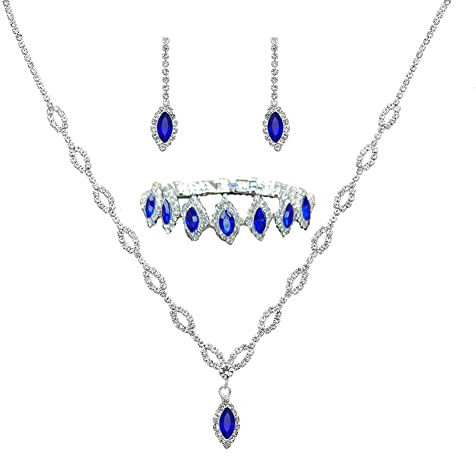 Wedity mariée mariage cristal bleu collier boucles d'oreilles bracelets ensemble argent mariée tour de cou colliers pendentif bijoux pour femmes et filles (lot de 4)