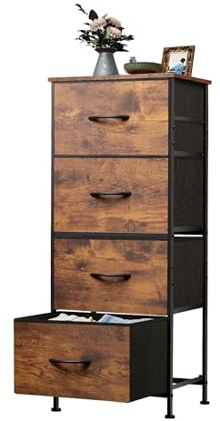 WLIVE Dresser with 4 Drawers, Fabric Storage Tower, Organizer Unit for Bedroom, Hallway, Entryway, Closets, Sturdy Steel Frame, Wood Top, Easy Pull Handle, Rustic Brown Wood Grain Print