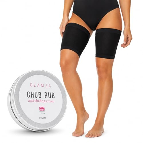 GLAMZA Chub Rub Crème anti-frottement et paire de bandes de cuisse pour homme et femme – Empêche les frottements pour cyclistes, coureurs et plus encore 50 ml (taille D (58–65 cm)