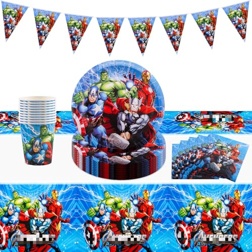 Birthday Party Tableware 42 Stück Superhelden Geburtstag Deko PartygeschirrSet, Geschirrset mit Party Pappteller Becher Servietten Tischdecke