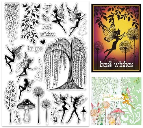 INFUNLY Fairies Clear Stamps for Card Making DIY - Trees, Butterflies, Dandelion, Best Wishes, Magic, Mushroom Silicone Stamp for Craft Scrapbooking Decor