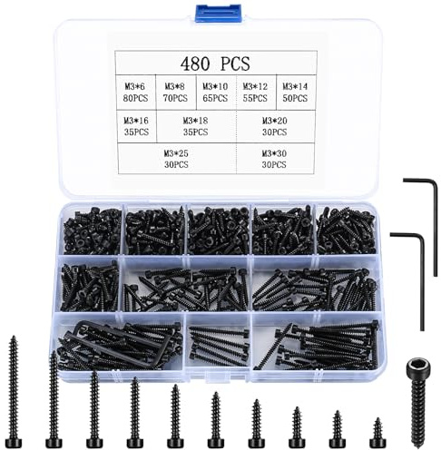 Metric Hex Socket Cap Head Self Tapping Screws, 480pcs M3 Stainless Steel Socket Head Cap Wood Screws Assortment Kit, Hex Drive Head Cap Self Drilling Screws(480 Black)