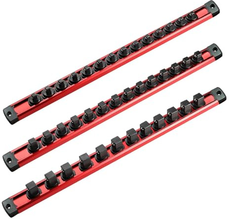 ACEBON Magnetische Stecknussleiste 3er Set Rot, 1/4, 3/8, 1/2 Zoll Stecknuss Organizer aus Aluminium mit 40 Clips, Steckschlüsselhalter für Werkstattwagen, Werkzeugwand und Garage