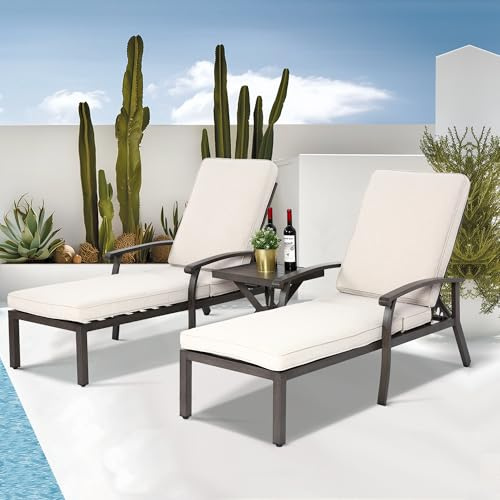 Villeston Sonnenliege 3 Set, Gartenliege Wetterfest mit Auflage, Oversize Liegestuhl 2 Personen, 1 Terrassentisch, 5-stufig Verstellbarer Rückenlehne, mit Rädern für Terrasse und Poolbereich, Beige