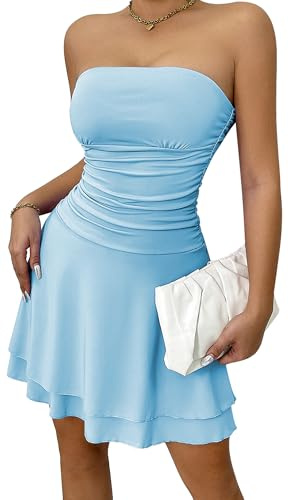 Ausing miniklänningar damer kort sexig bandeau axellös klänning figurbetonad klänning party klubb eleganta cocktailklänningar för kvinnor rygglös aftonklänning klubbkläder sommarklänning XS-L, blå, S