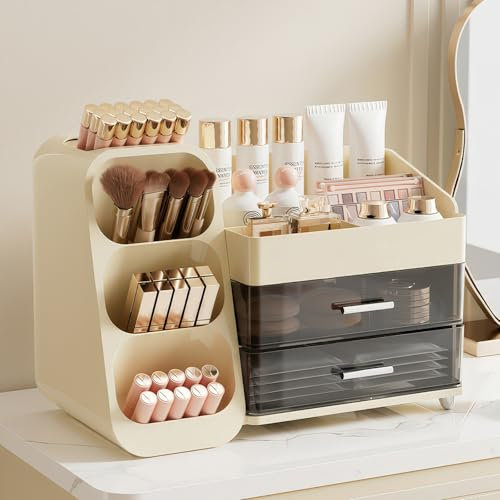 FoiiLiio Make Up Organizer per Cosmetici, Organizer per trucchi Grande Organizer per Trucco con 2 Cassetti per Comò, Bagno, Camera da Letto (Beige)