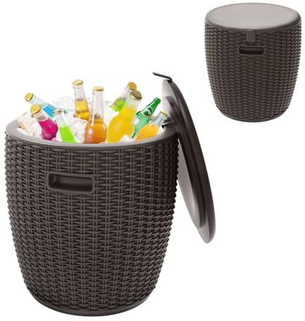 Outdoor Cooler Table Rattan Pattern - 9.5 Gallon Portable Ice Chest for Patio Parties, Beer & Wine Storage with Drain Plug – Round Bar Table Perfect for Backyard BBQs(Grey)