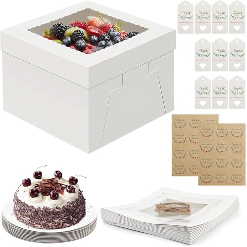 ROTKUSZ 10 Pièces Boîtes à Gâteau avec Planche à Gâteau, 25,4 * 25,4 * 20,3cm Boîte à Gâteau en Carton avec Fenêtre de Visualisation Blanche, Boite Transport Gateau pour Biscuits, Beignets