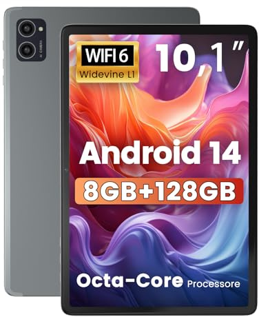 Azeyou Android 14 Tablette 10,1, Processeur Octa-Core, 8Go+128Go+1To Extension, Batterie 6000mAh, Écran Tactile IPS 1280x800, WiFi 6, Double Caméra, Déverrouillage Facial, Widevine L1, GMS