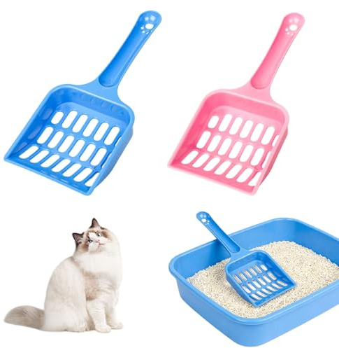 2 Pcs Cat Litter Scoop, Strong Cat Poop Scoop, Plastic Cat Litter Tray Scoop, Poop Scoop Cat Litter, Pooper Scooper Cat Handy Sand Sifter Poop Sieve Cleaning Tool Cat Scoop Set, (Blue and Pink)