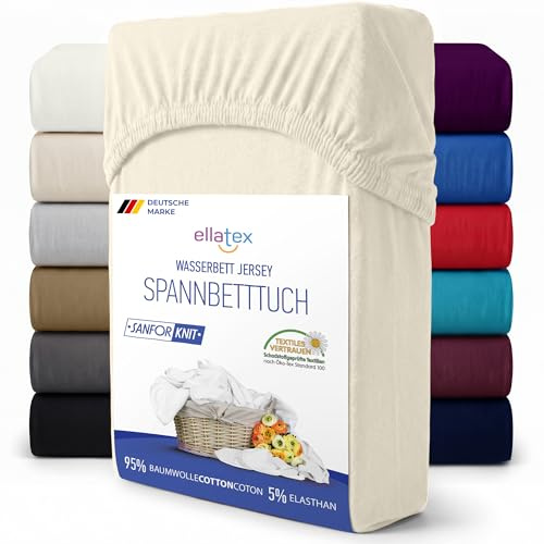EllaTex Spannbettlaken 200x220–220x240 XXL extra hoch 40 cm – 200 g/m² Baumwolle-Elastan, Spannbetttuch für Boxspringbett & Wasserbett, elastisch & langlebig, Farbe: Natur