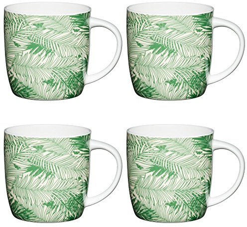 KitchenCraft AMZKCMBAR136SET4 palmer formad mugg med botaniskt tryck, 425 ml, porslin, grön/vit, 12,4 x 8,9 x 9 cm, 4 enheter