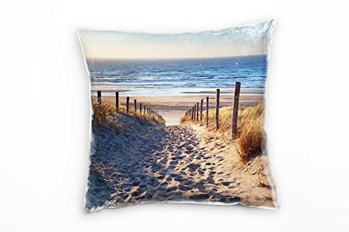 Paul Sinus Art Strand und Meer, Dünen, Gras, Sonne, beige, blau Deko Kissen 40x40cm für Couch Sofa Lounge Zierkissen - Dekoration zum Wohlfühlen