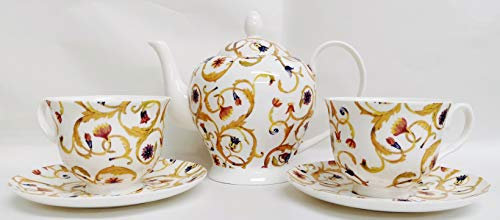 Rainbow Decors Service à thé en porcelaine fine avec motif floral jaune et doré damassé et mica pour deux personnes 1 théière, 2 tasses et 2 soucoupes décorées à la main au Royaume-Uni
