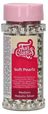FunCakes Perles Moelleuses Moyennes Metallic Argent: sprinkles gâteau, bon goût, parfait pour la décoration de gâteaux, perles de sucre tendre comestibles. 55 g.