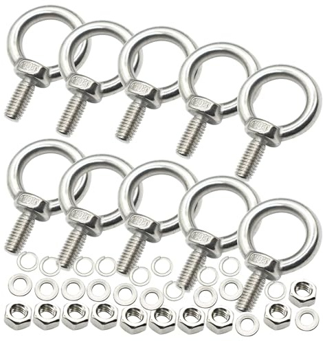 Floyutin Stainless M6 Eyebolt 0.55(14mm) Short Bolt Eye Threaded Ring Lifting Shoulder Screw Hook with Nut Washer Locking as Anchor Point for Hanging,10 PCS