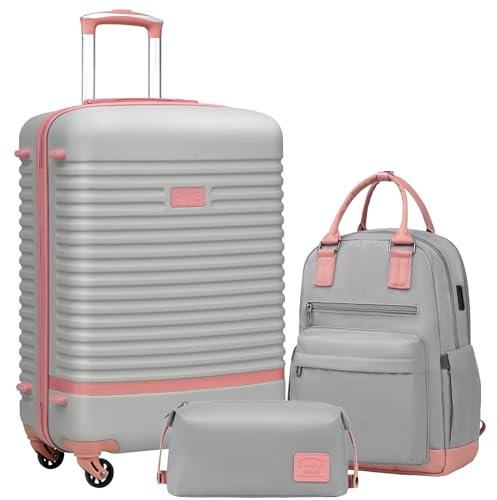 COOLIFE Koffer Trolley Koffer Reisekoffer von ABS Hartschalen Trolley 4 Rollen TSA-Schloss Der Koffer Enthält 1 Reiserucksack und 1 Kulturbeutel (Grau/Rosa, Mittlerer Koffer-Set 3tlg)
