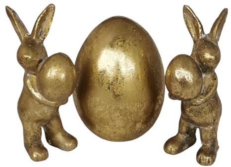 3er Set Hasen und Ei 13,5cm groß, Gold, aus Keramik Ostern Figur Osterhase Osterdeko