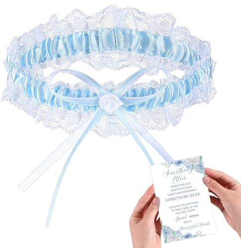 SATINIOR Liga Nupcial de Boda Liga de Encaje con Lazo Blanco y Azul y Tarjeta de Felicitaciones de Boda para Novias
