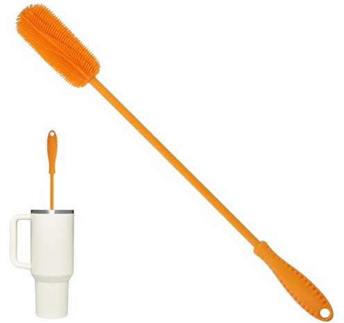 TRHDFW Silicone Bottle Cleaning Brush with Long Handle, Water Bottle Cleaner for Hydro Flask, Glass, Thermos Sports Bottle, Vase, Glassware, Small Narrow Neck containers(Orange)