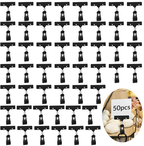 WOOWAIR 50 Pezzi Segno Esposizione Clip, Clip per Etichette Rotanti in Plastica, Clip Merce Segni di Prezzo, Clip Segno Supporto del Basamento, Clip Porta Cartello in Plastica Doppio, Nero