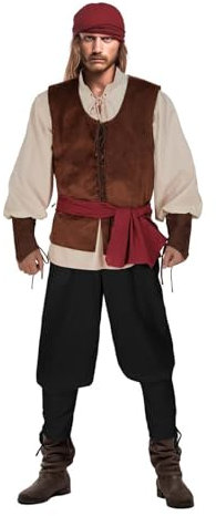 Piraten Kostüm Männer 5-teiliges Set Piratenkostüm inkl. Bandana, Hemd mit Weste, Gürtel und Hose Piratenkostüm für Herren Halloween Kostüm Mittelalter Kleidung Herren Karneval Cosplay Party Zubehör