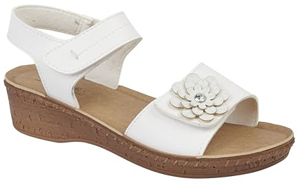 Jo & Joe Ladies Comfort Floral Detail Double Strap Touch Close Fastening Wedge Sandals (White, UK Footwear Size System, Adult, Women, Numeric, Medium, 6)