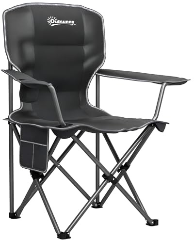 Outsunny Chaise Pliante Camping, Chaise de pêche Portable, siège rembourré, Porte-gobelets, Poches latérales et Sac de Transport, Fauteuil Pliant pour randonnée, pêche, Plage et Pique-Nique, Noir