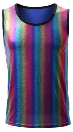 Men's Shiny Metallic Tanks, Short Sleeve Rainbow Tunic Tops for Clubwear, 70s 80s Disco Crew Neck PVC Leather Muscle Top, Slim Fit Casual Pullovers for Party Festival Dance Nightclub Stage Costume