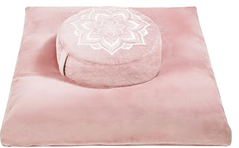 Meditation Zafu Cushion Set with Buckwheat Hulls & Memory Foam - Ergonomic Support for Yoga & Sitting - Removable Machine-Washable Luxury Velvet Cover - for Adults and Kids (Pink)