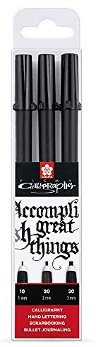 SAKURA Pigma Kalligrafie Set - 3 Stiftbreiten 0,1/0,2/0,3 mm Schwarze Tinte - Langlebige Nylonfeder für Kalligrafie, Hand Lettering, Journaling