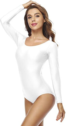 speerise Klassischer Langarm-Trikot für Damen, mit U-Ausschnitt, Team-Basic, Ballett, Tanz, Einteiler, Einteiler, Weiss/opulenter Garten, S