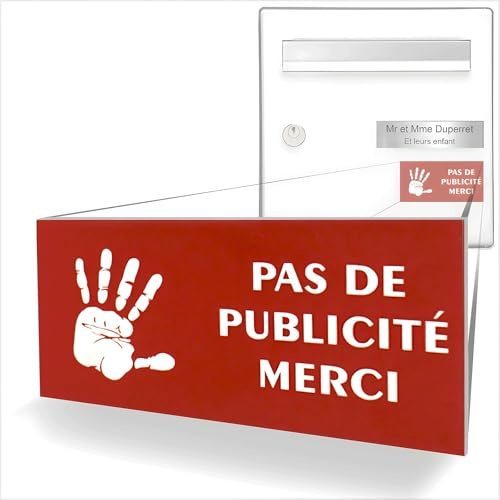 DECOHO - Étiquette Stop PUB adhésive pour boîte aux Lettres - Plastique bi-Couche Rouge et Blanc - 8 x 4 cm, Gravure Laser, adhésif 3M Double Face - Rouge