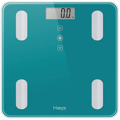 Haepi-Pèse personnes impédancemètre en verre-Analyse corporelle (masse grasse, masse osseuse, masse musculaire, masse hydrique)- IMC et Kcal- Design et précis- Piles incluses- Garantie 15 ans