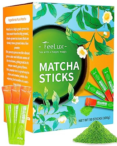 TeeLux Matcha Green Tea Powder - 50 Single Serve Instant Sachets, Premium Culinary Grade for Drinking With Water, Latte, Smoothies & Lemonades, Vegan
