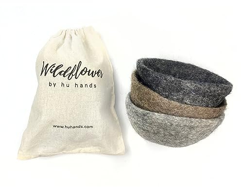 Wildflower by hu hands Grey Wool Felt Bowls - Set of 3-100% Pure New Zealand Wool Hand Made in Nepal – Muslin Storage Bag Included