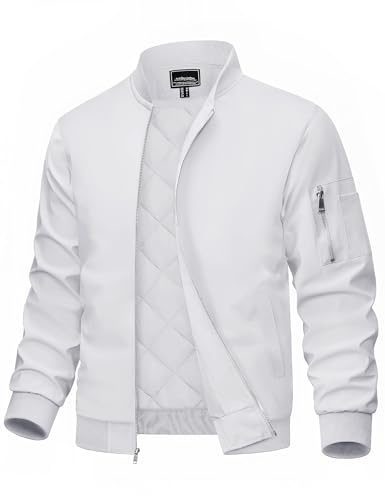 MAGCOMSEN Mens Windbreaker White Bomber Jacket Zip Up Pilot Jackets with Pockets Fall Winter Thermal Padded Coat Outdoor Hunting Jacket White, XL