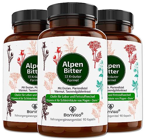 BonVigo® AlpenBitter 13 Kräuter Bitterstoffe mit Mariendistel (3 Dosen) | Hochwertiges Kräuter-Elixier in Kapseln. Mit Enzian & Wermut. Cholin unterstützt normale Leberfunktion und Fett-Stoffwechsel.