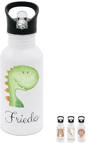 wunderwunsch® - Personalisierte Trinkflasche Kinder Edelstahl [ 500ml ] - Robuste Trinkflasche mit Namen - Wasserflasche mit Trinkhalm - Personalisierte Geschenke für Kinder (Dino)