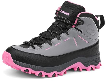 Xemuck Chaussures de Randonnée pour Enfant Garçon Chaussures de Trekking pour Fille Antidérapant Montagne Chaussures de Sport Confortables Quatre Saisons Gris Rose 33