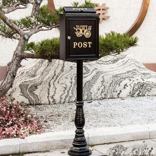 LXTIN Cast Aluminum Mailbox, Vintage Post Box Letter Letterboxes, Retro Vertical Floor-Standing Mailbox for Walls,Gates,Garages,Black