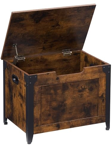 OPULENTHOME Banc avec espace de rangement, coffre avec couvercle, 60 cm de long, 2 charnières de sécurité, charge maximale : 136 kg, coffre en bois, pour couloir, chambre à coucher, salon, marron