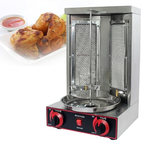KLYDBMYT Machine à Griller Shawarma, Machine à Griller Shawarma au gaz pour Poulet, Machine à Griller Gyro Doner Kebab au Propane avec 2 brûleurs et bac de récupération de Viande, argent-220 V